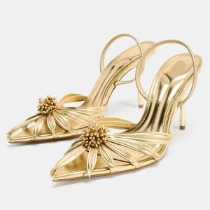 Gold Metallic Pleated Flower Heels Women Pointed Toe Stiletto Slingback Pumps Bulk Custom Wedding Party Dress Sandals