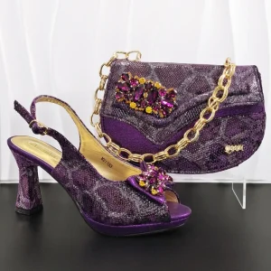 Gold Silver Women’s Pointed Toe Low Heeled Shoes and Bag Set with Rhinestone Metal Buckle Decoration for Wedding