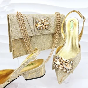 Gold Sliver Women’s Pointed Toe Low Heeled Shoes and Bag Set with Rhinestone Metal Buckle Decoration for Wedding
