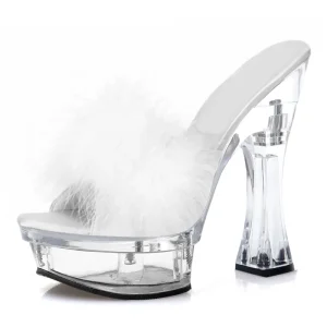 Gothic 14cm Nightclub Big Size Sexy Fetish Fluff Slippers Coarse Heel Platform Peep Toe Women’s Stripper Heels Models Catwalk