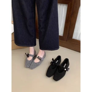 Gray French Elegant Chunky Heel Solid Square Toe Evening Fleece Lined Mary Jane Shoes Women’s Autumn