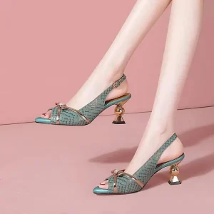 Green Plaid Heeled Sandals Irregular Heel Peep Toe Slingback Casual Party Women’s Shoes