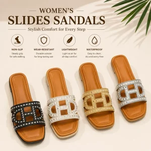 H Shaped Women Slide Sandals with Square Metallic Women’s TPR Slipper Factory Supplier