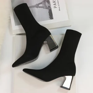 HIGH QUALITY Fashion Snake Mid calf Boots Sexy Pointed Toe Elegant Party Chunky Heels Women Boots Shoes for Lady