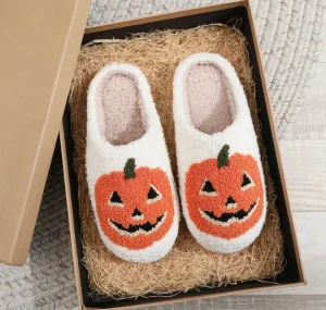 Halloween Cute Cat Pumpkin Plush Warm Slippers for Women’s Autumn and Winter Indoor Home Anti Slip Soft Slippers