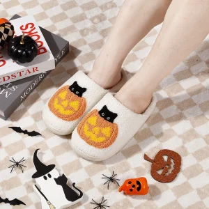 Halloween Cute Cat Pumpkin Plush Warm Slippers for Women’s Autumn and Winter Indoor Home Anti-slip Soft Slippers