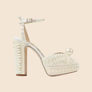 Hand-Made Beaded Women’s High-Heeled Platform Fish-Mouth Bridal Shoes Coarse-Heeled Plus Size Single Strap Pattern Rhinestones