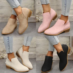 Handmade Four-Season Women’s British Style Solid Color Round Toe Casual Boots with Back Zipper & Low Block Heel
