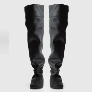 Handmade Loose Upper Leather Flat Heels Round Toe Slouchy Long Boots Women’s Wide Fit Knee High Booties