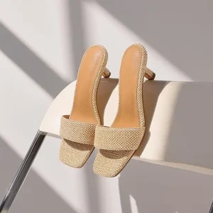 Heel Sandals Raffia Low Heels 2 Inch Square Open Toe Sandals for Women Slip on Summer Vacation Casual Sandals Women’s Shoes