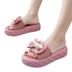 High Grade Summer Women’s Casual Light Slippers Comfortable Soft Bottom Non Slip Bow Thick Bottom Slides for Home