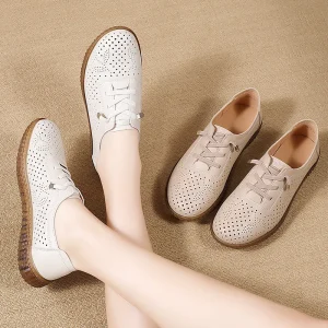High Grade Women’s White Leather Loafers Comfortable Flat Casual Shoes for Spring Summer Breathable Hollow Design Solid Pattern
