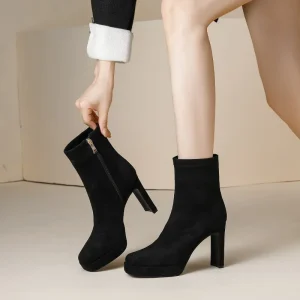 High Heel Booties Ladies Winter Short Boots With Zipper Women Faux Suede Platform Chunky Heel Ankle Boots