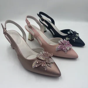 High Heel Pumps Women PU Rhinestone Butterfly Flower Pointed Toe Slingback Crystal Block Heel Wedding Party Shoes