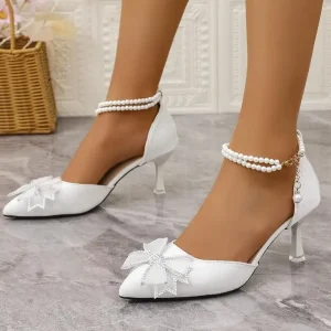 High Heel Wedding Shoes for Women High Quality Handmade Sandals Pearl Bowknot Bridal Shoes Hollow Out Bridesmaid Shoes