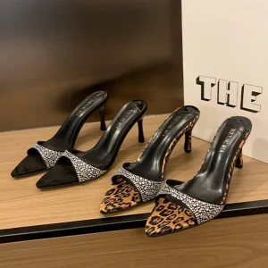 High Heel Women’s Summer Stiletto Heel Open Toe Sandals with Rhinestone Decoration Slip-On Pointed Toe Slippers
