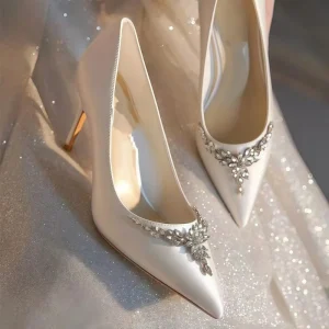 High Heeled Ladies Satin Shoes Crystal Ornament Slip On Bridal Shoes Featuring Stones Anti Slip PU Trendy Fashion for Autumn