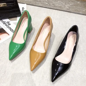 High Heeled Shoes Women’s Spring New Fashion Simple Pointed Thick Heel Solid Color Patent Leather Fabric Work Shoes Women
