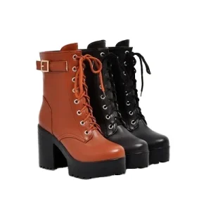 High Heeled Women’s Ankle Boots Large Lace up Roman Boot Waterproof Thick Heel