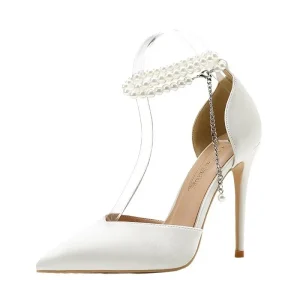 High-Heeled Women’s Shoes One-Word Buckle Strap Pointed Thin Heel Pearl Strap Single Shoes Wedding Shoes Women