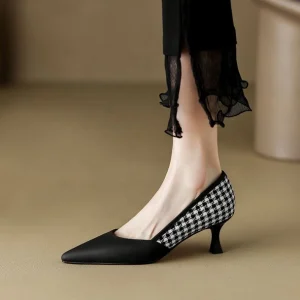 High Heels New Spring and Autumn Pointed Single Thousand Bird Lattice Temperament Fine Heel Women’s Shoes