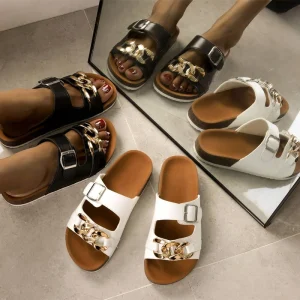 High Quality Casual Chain Ladies Sandals Button Two Straps Fashion Women’s Pretty Slides Slippers