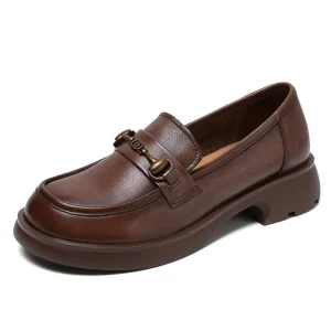 High Quality Chunky-Sole English Loafers Metal Buckle Genuine Leather Flat Light Waterproof Autumn Women’s Slip-On Shoes