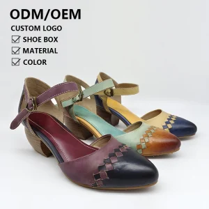 High Quality Custom Luxury Ladies Heeled Shoes Fashion Knitted Cow Leather Chunky Heel Retro Office Dress Women’s Shoes