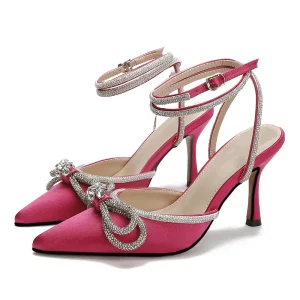 High Quality Custom Women’s Wedding Bridal Pumps Thin Heels Ankle Strap Breathable Satin Upper Rhinestone for Summer Parties