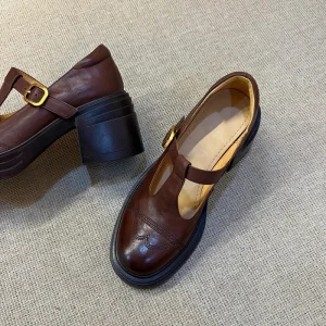 High Quality Fashion Trend Genuine Leather Round Toe Mary Jane Pumps Women’s High Heels Comfort Lightweight Spring Shoes
