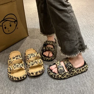 High Quality Leopard Print Open Toe Thong Flip-Flops Women’s Summer Outdoor Thick-Soled Flat Lightweight Sandals