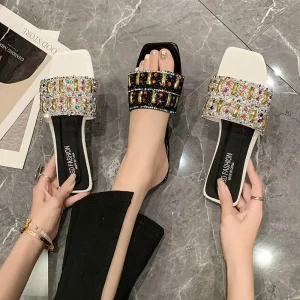 High Quality Rhinestones Square Toe Slip On Slippers Slides Beach Flat Sandals Women’s