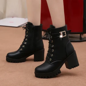 High Quality Winter Outdoor Round Toe Boots Women’s Zipper Square Heel High Heel Ankle Boots