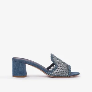 High Quality Women’s Crystal Fishnet Denim Mule Sandals Pointed Toe Slingbacks Rubber Casual Block Heel Slides Customizable