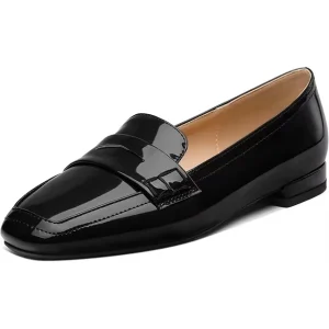 High Quality Women’s Fashion Comfortable Black Patent Low Chunky Heel Slip on Flats Loafers Shoes