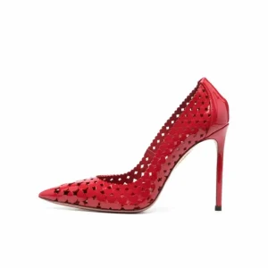 High Thin Heel Red Genuine Leather Hollow Pointed Toe Printed Breathable Summer Women’s Large Size