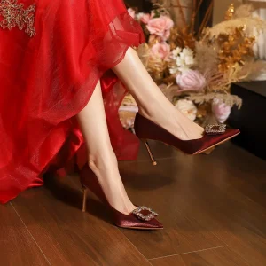 High-end Comfortable Women’s Wedding Shoes with Rhinestone Buckle Thin Heels Elegant High Heel Pointed Toe Dress Shoes