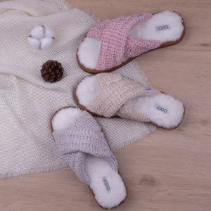 High end Cozy Chenille Cross Strap Slides Open toe Slippers for Women Home Indoor
