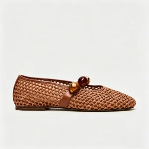 High-end Shoe Factory Women’s Woven Mesh Mary Jane Flats Amber Gold Bead Detail Comfortable Summer Flat Shoes for Women