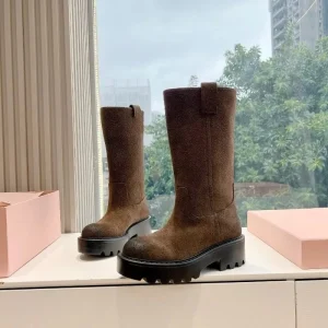 High quality Autumn and Winter Women’s Retro Medium to Long Boots Low Heel Flat Shoes PU Leather Sliding Cover