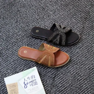 High quality Fashionable Durable Beaded Open toe Breathable Rhinestones Lightweight Durable Women’s Flat Sandals and slippers