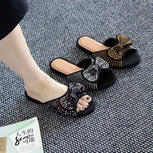 High-quality Fashionable Outdoor Women’s Flat Sandals with Rhinestone Bows Lightweight and Breathable