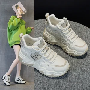 High top Clunky Lace up Sneakers Women Spring Autumn New Genuine Leather Durable Platform Thick soled Breathable Shoes