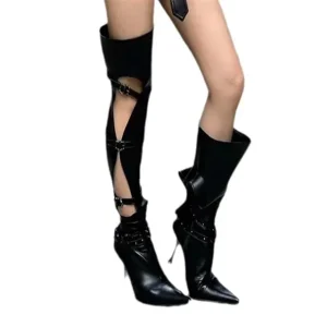 Hollow Out Boots Spicy Girl Belt Strap Long Tube Women’s Pointed Toe Thin Heel High Heeled Knight Cool