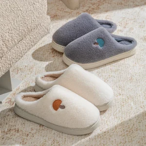 Home Cotton Slippers for Autumn and Winter With Embroidery Solid Color Fuzzy Warm Couples Indoor Anti-Slip Design