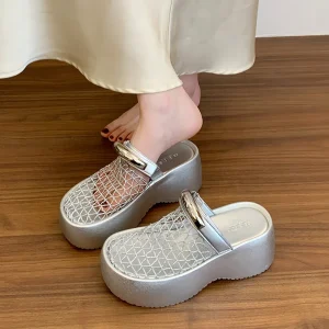 Home-Style Women’s Summer Slippers Thick Transparent Mesh with Soft Sheepskin Insole and Peep Toe