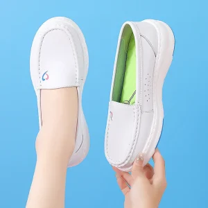 Hospital Nurse Women’s White Leather Platform Loafers High Heel Nursing Shoes with PVC Outsole