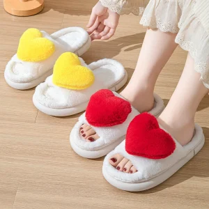 INS Trendy All-Season Non-Slip Soft Home Shoes Women’s Heart-Shape Indoor Outdoor Wear with Fur Open Toe Slipper