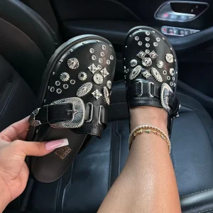 In Stock Women’s Wedge Platform Mules With Metallic Diamond Decorated Flat Sole Shoes Flip Flops Slippers