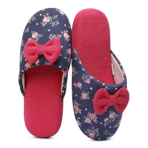 Indoor Slippers for Women Easy Slip-On Floral Printed with Bow Non-Slip Sole Memory Foam Home Slippers